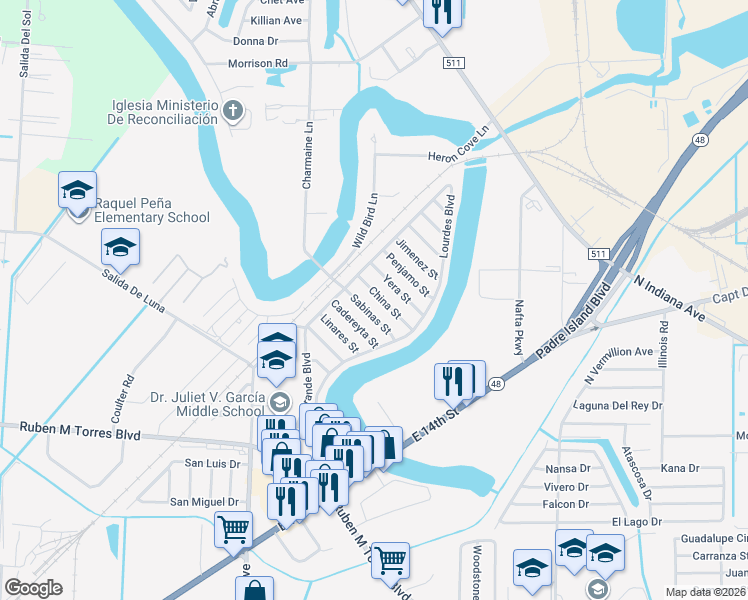 map of restaurants, bars, coffee shops, grocery stores, and more near 6122 China Street in Brownsville