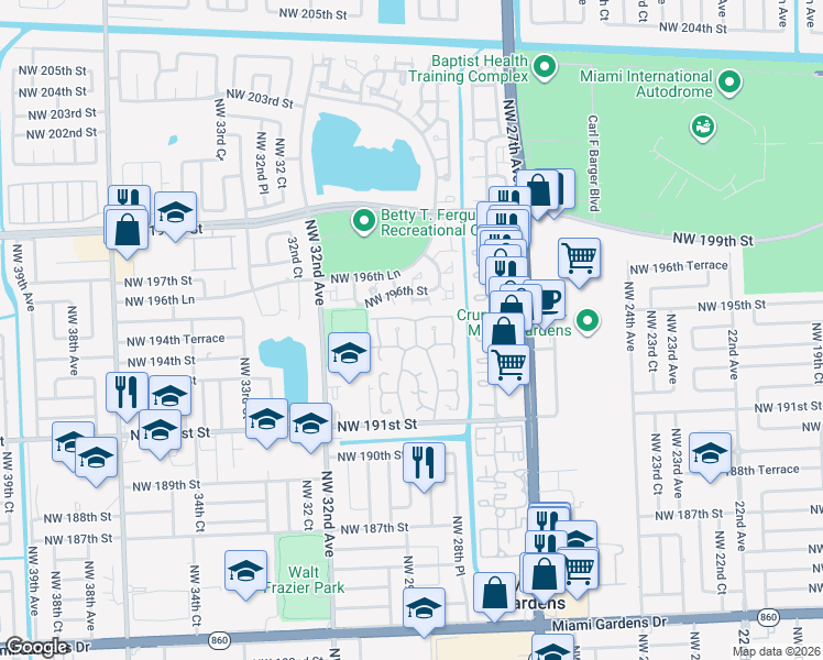 map of restaurants, bars, coffee shops, grocery stores, and more near 19473 Northwest 29th Court in Miami Gardens