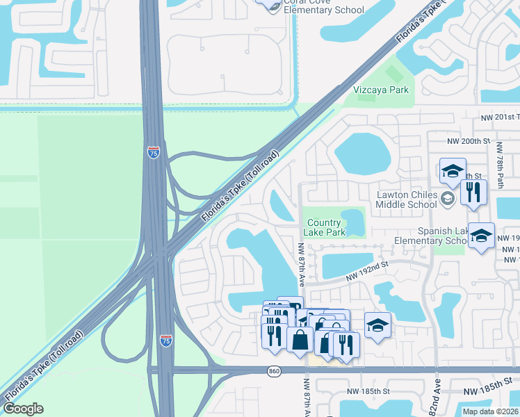 map of restaurants, bars, coffee shops, grocery stores, and more near 19561 Northwest 88th Avenue in Hialeah