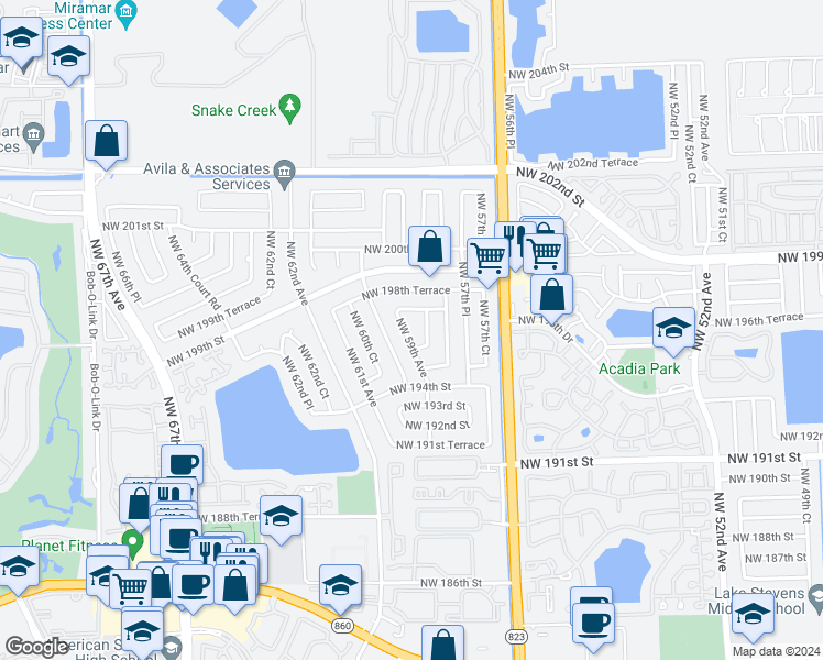 map of restaurants, bars, coffee shops, grocery stores, and more near 19643 Northwest 59th Avenue in Hialeah
