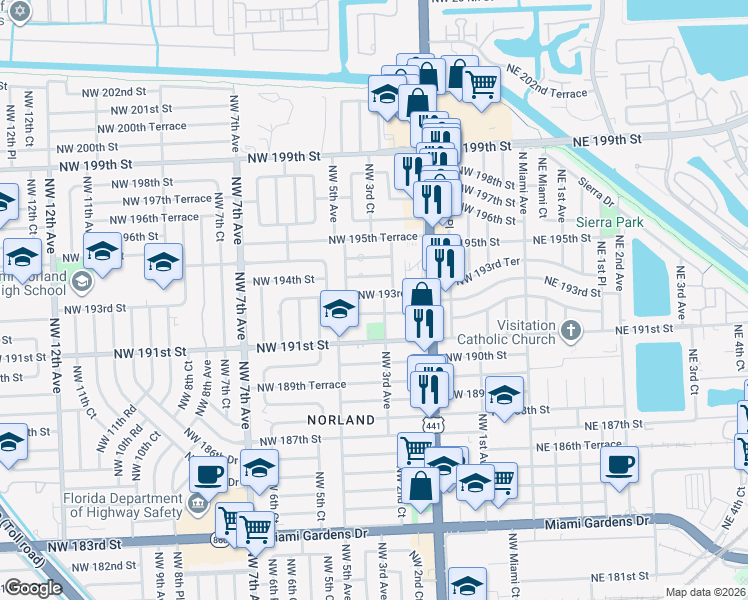 map of restaurants, bars, coffee shops, grocery stores, and more near 320 Northwest 193rd Street in Miami
