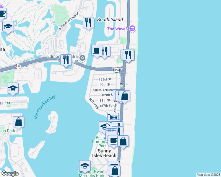 map of restaurants, bars, coffee shops, grocery stores, and more near 231 189th Terrace in Sunny Isles Beach