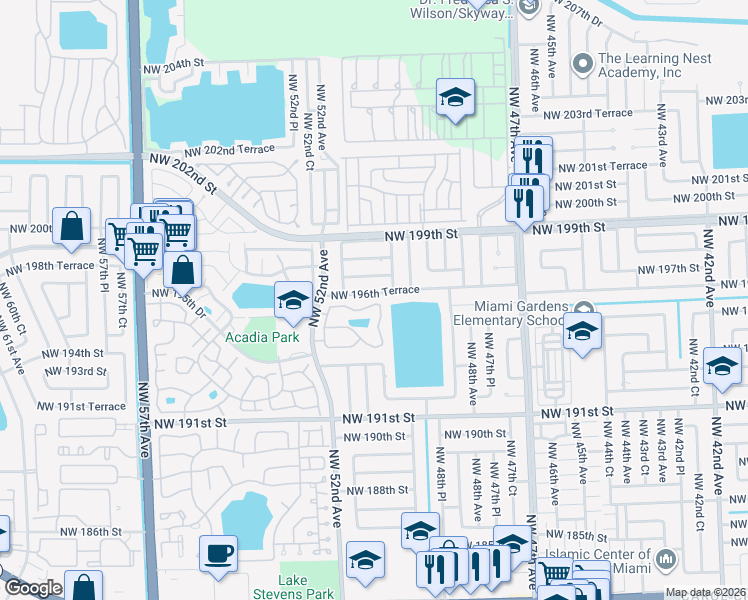 map of restaurants, bars, coffee shops, grocery stores, and more near 5059 Northwest 195th Lane in Miami Gardens