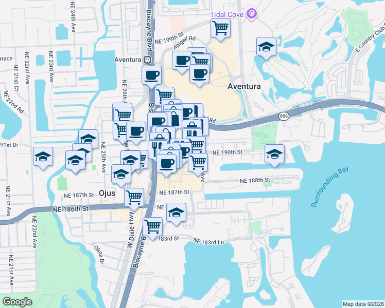 map of restaurants, bars, coffee shops, grocery stores, and more near 19004 Northeast 29th Avenue in Aventura