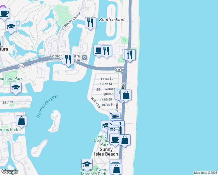 map of restaurants, bars, coffee shops, grocery stores, and more near 231 189th Terrace in Sunny Isles Beach