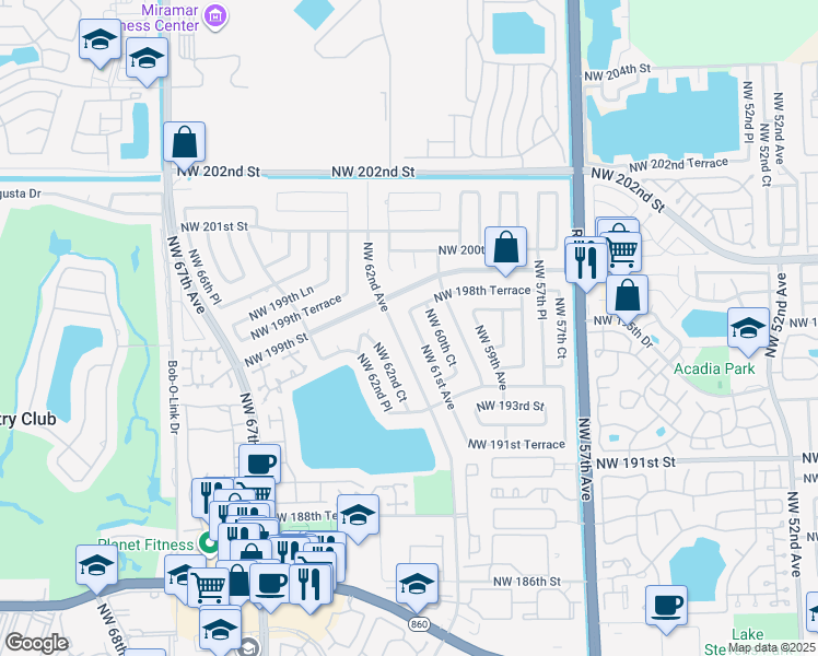 map of restaurants, bars, coffee shops, grocery stores, and more near 19754 Northwest 61st Avenue in Hialeah