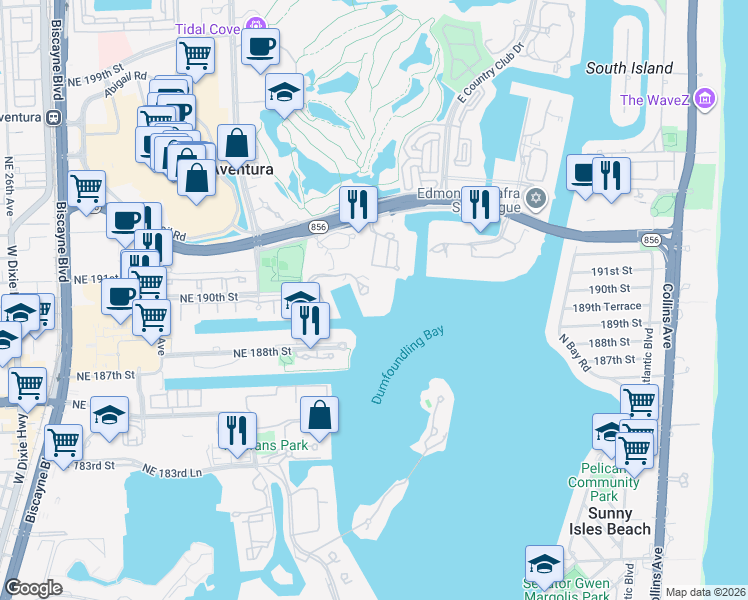 map of restaurants, bars, coffee shops, grocery stores, and more near 3370 Northeast 190th Street in Miami