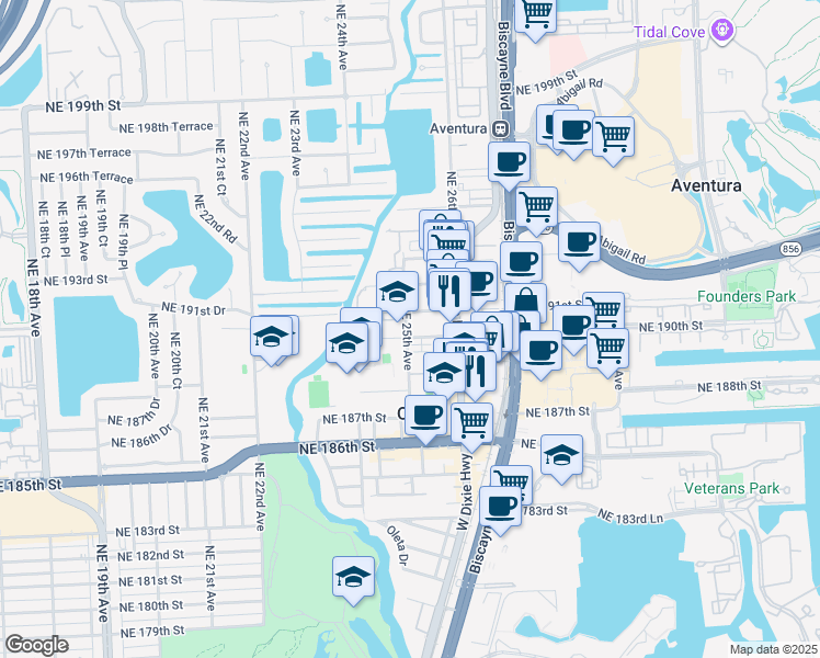 map of restaurants, bars, coffee shops, grocery stores, and more near 19003 Northeast 25th Avenue in Miami