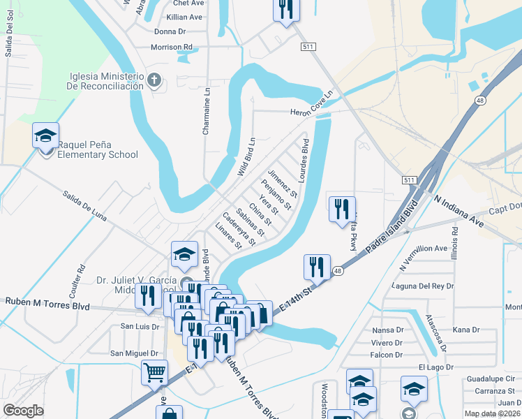 map of restaurants, bars, coffee shops, grocery stores, and more near 6122 China Street in Brownsville