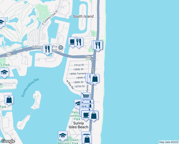 map of restaurants, bars, coffee shops, grocery stores, and more near 18965 Atlantic Boulevard in Sunny Isles Beach