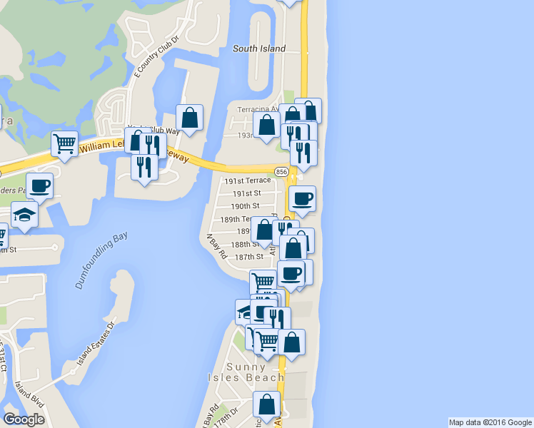 map of restaurants, bars, coffee shops, grocery stores, and more near 231 189th Terrace in Sunny Isles Beach