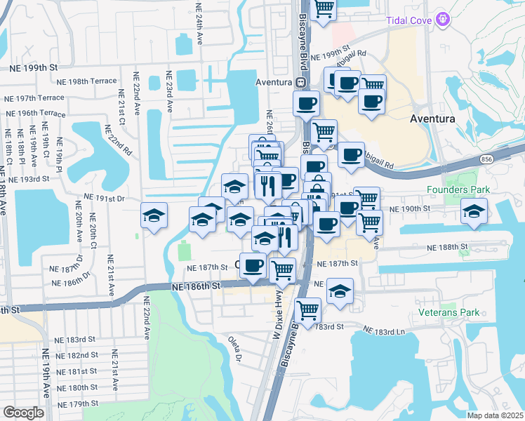 map of restaurants, bars, coffee shops, grocery stores, and more near 2565 Northeast 190th Street in Miami