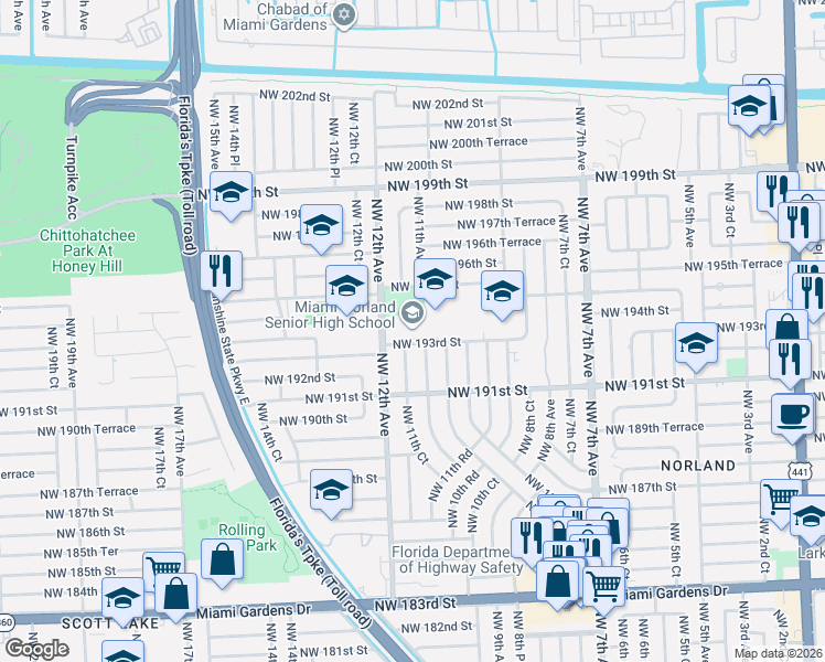 map of restaurants, bars, coffee shops, grocery stores, and more near 1193 Northwest 193rd Street in Miami Gardens