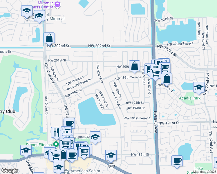 map of restaurants, bars, coffee shops, grocery stores, and more near 19754 Northwest 61st Avenue in Hialeah