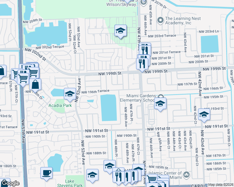 map of restaurants, bars, coffee shops, grocery stores, and more near 19540 Northwest 48th Court in Miami Gardens