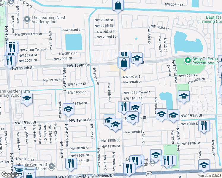 map of restaurants, bars, coffee shops, grocery stores, and more near 19511 Northwest 38th Avenue in Miami Gardens