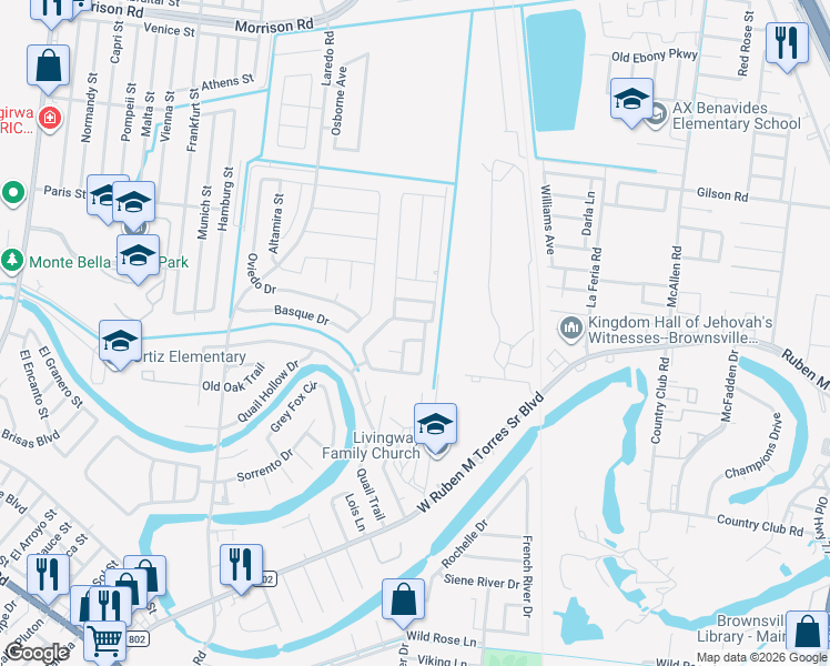 map of restaurants, bars, coffee shops, grocery stores, and more near 4024 Alamo Trail in Brownsville
