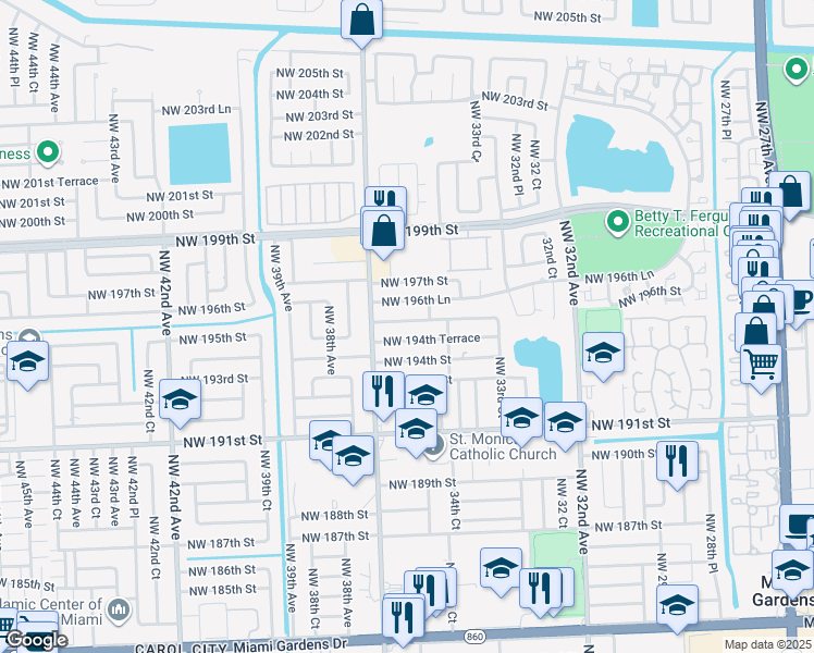 map of restaurants, bars, coffee shops, grocery stores, and more near 3520 Northwest 195th Terrace in Miami Gardens