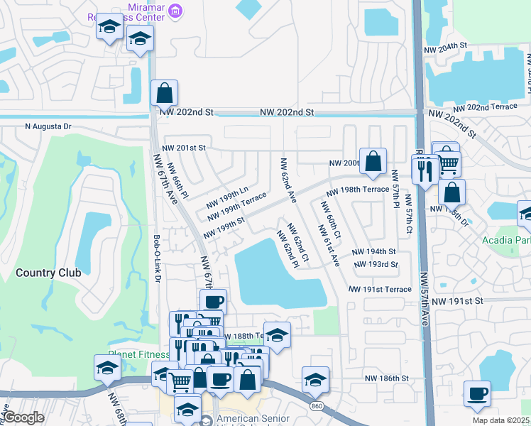 map of restaurants, bars, coffee shops, grocery stores, and more near 6270 Northwest 199th Street in Hialeah