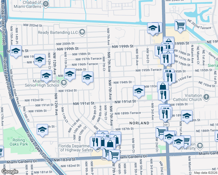 map of restaurants, bars, coffee shops, grocery stores, and more near 19300 Northwest 7th Avenue in Miami