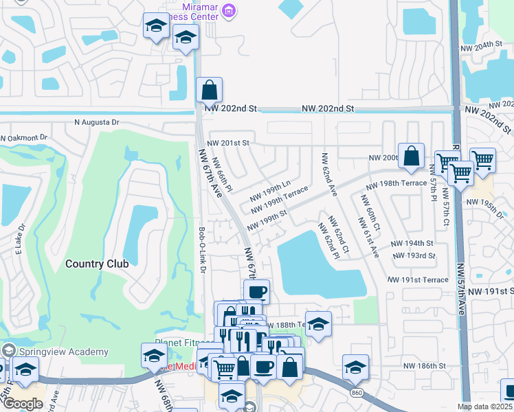 map of restaurants, bars, coffee shops, grocery stores, and more near 6425 Northwest 199th Terrace in Hialeah