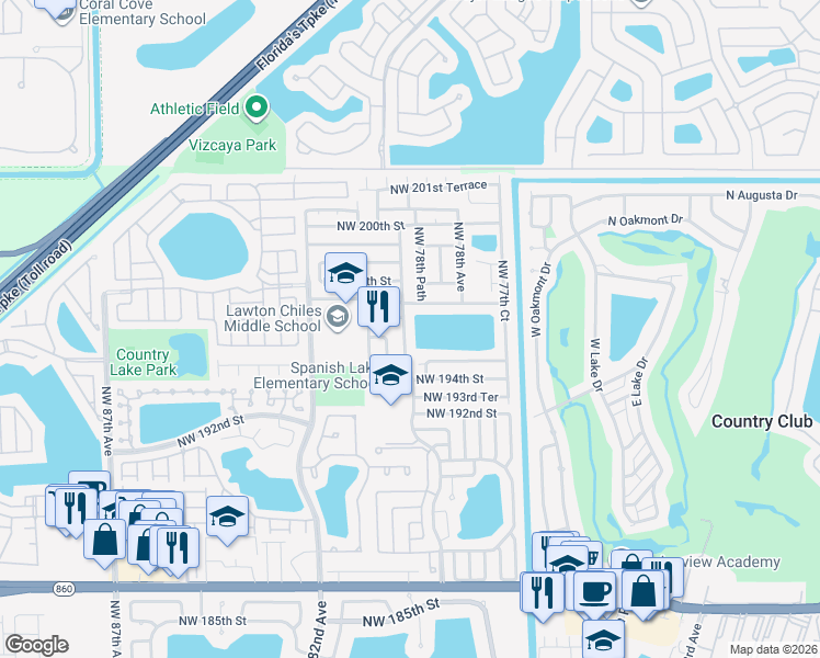 map of restaurants, bars, coffee shops, grocery stores, and more near 19557 Northwest 79th Avenue in Hialeah