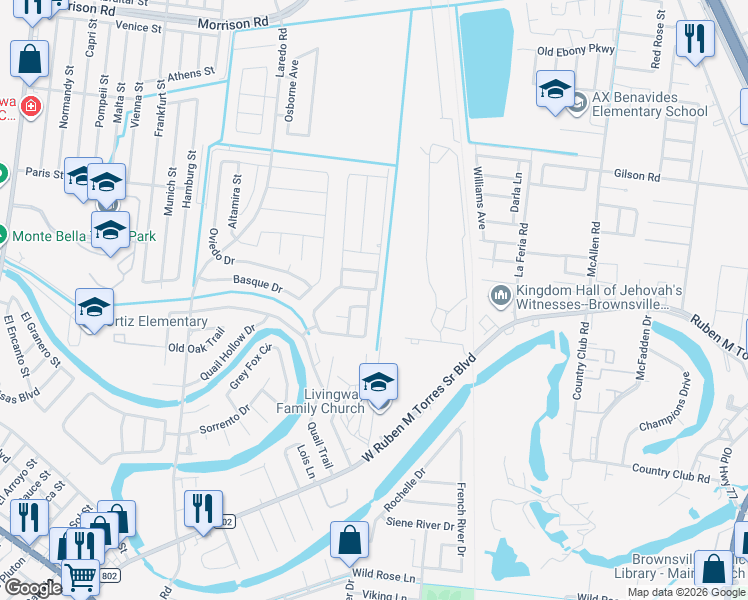 map of restaurants, bars, coffee shops, grocery stores, and more near 4024 Alamo Trail in Brownsville