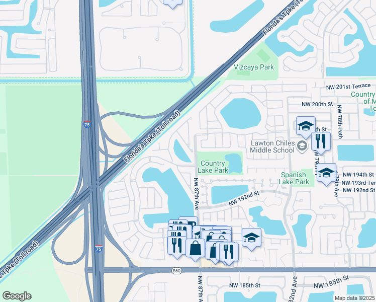 map of restaurants, bars, coffee shops, grocery stores, and more near 19620 Northwest 87th Place in Hialeah