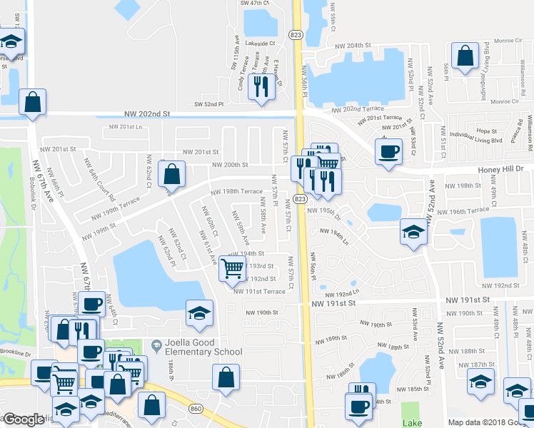 map of restaurants, bars, coffee shops, grocery stores, and more near 19641 Northwest 58th Avenue in Hialeah