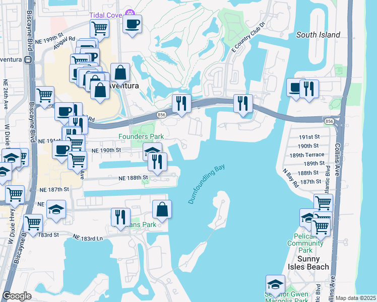 map of restaurants, bars, coffee shops, grocery stores, and more near 3370 Northeast 190th Street in Miami