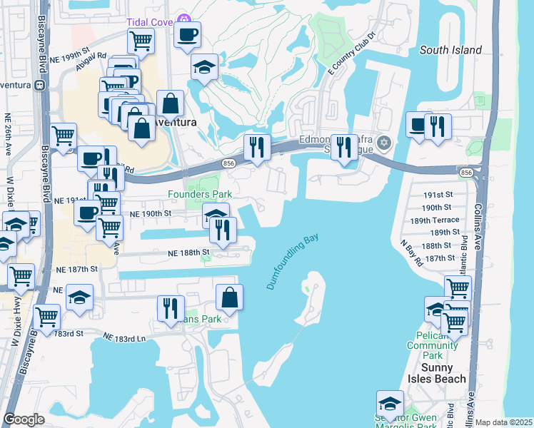 map of restaurants, bars, coffee shops, grocery stores, and more near 3370 Northeast 190th Street in Miami