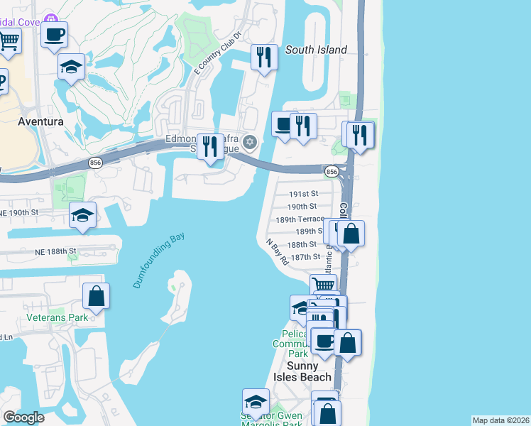 map of restaurants, bars, coffee shops, grocery stores, and more near 18960 North Bay Road in Sunny Isles Beach