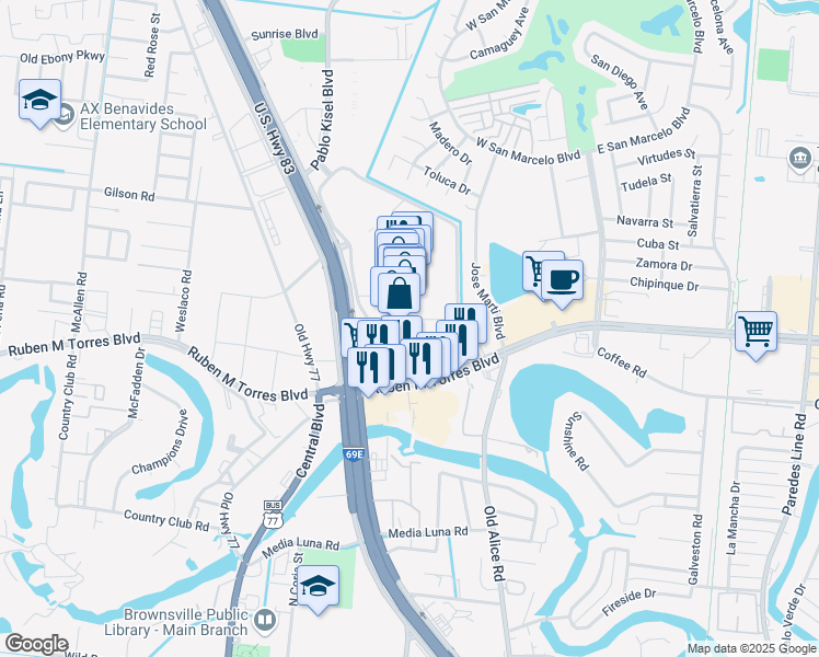 map of restaurants, bars, coffee shops, grocery stores, and more near Brownsville Historic Battlefield Hike and Bike Trail in Brownsville
