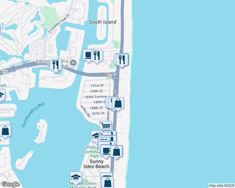 map of restaurants, bars, coffee shops, grocery stores, and more near 18965 Atlantic Boulevard in Sunny Isles Beach