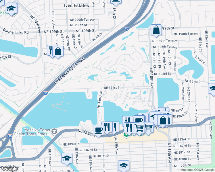 map of restaurants, bars, coffee shops, grocery stores, and more near 1401 Northeast 191st Street in Miami