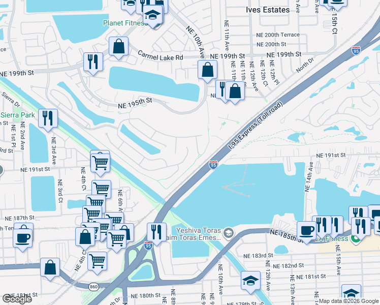 map of restaurants, bars, coffee shops, grocery stores, and more near 909 Northeast 191st Street in Miami