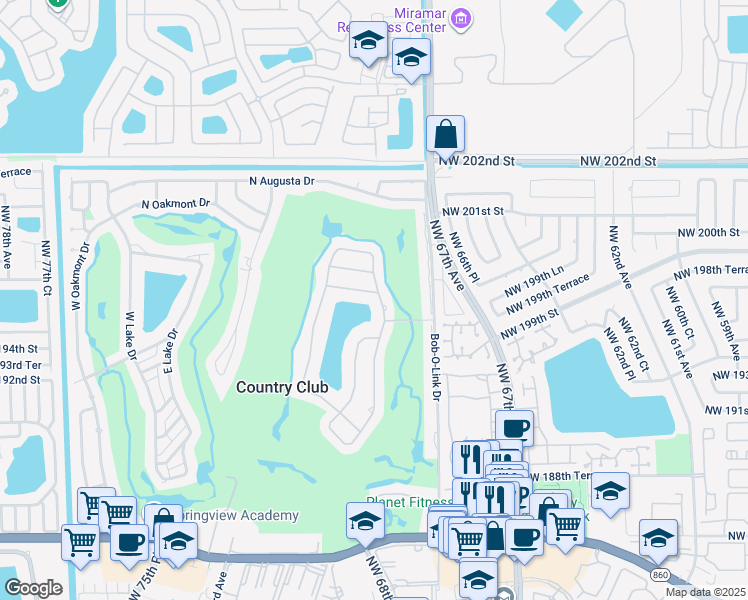 map of restaurants, bars, coffee shops, grocery stores, and more near 6800 Winged Foot Drive in Hialeah