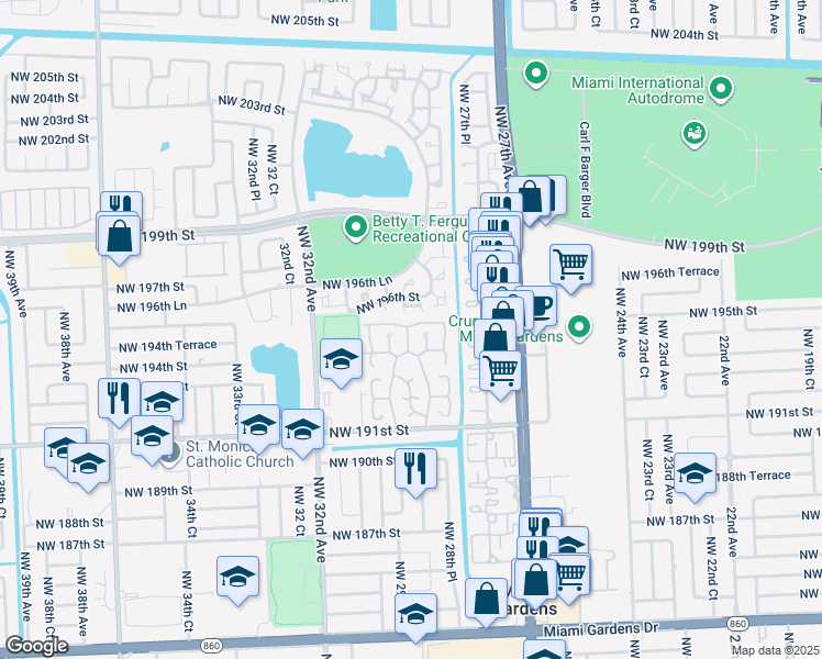 map of restaurants, bars, coffee shops, grocery stores, and more near 19473 Northwest 29th Court in Miami Gardens