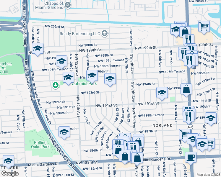 map of restaurants, bars, coffee shops, grocery stores, and more near 19340 Northwest 8th Court in Miami