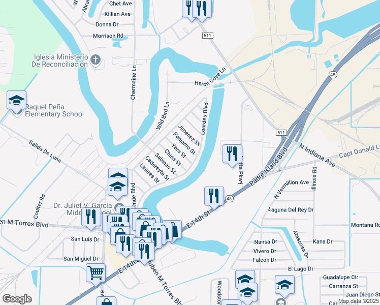 map of restaurants, bars, coffee shops, grocery stores, and more near 6307 Penjamo Street in Brownsville