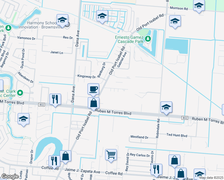 map of restaurants, bars, coffee shops, grocery stores, and more near 2616 Old Port Isabel Road in Brownsville
