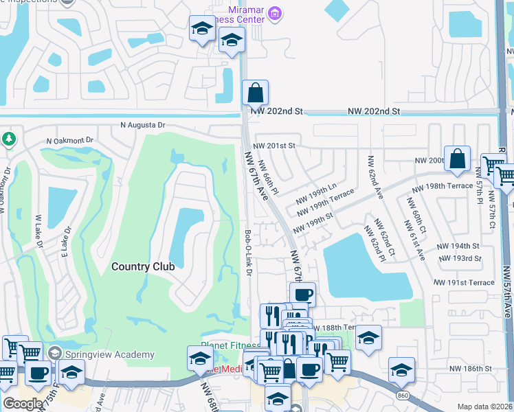 map of restaurants, bars, coffee shops, grocery stores, and more near 19601 Cypress Ct E in Hialeah