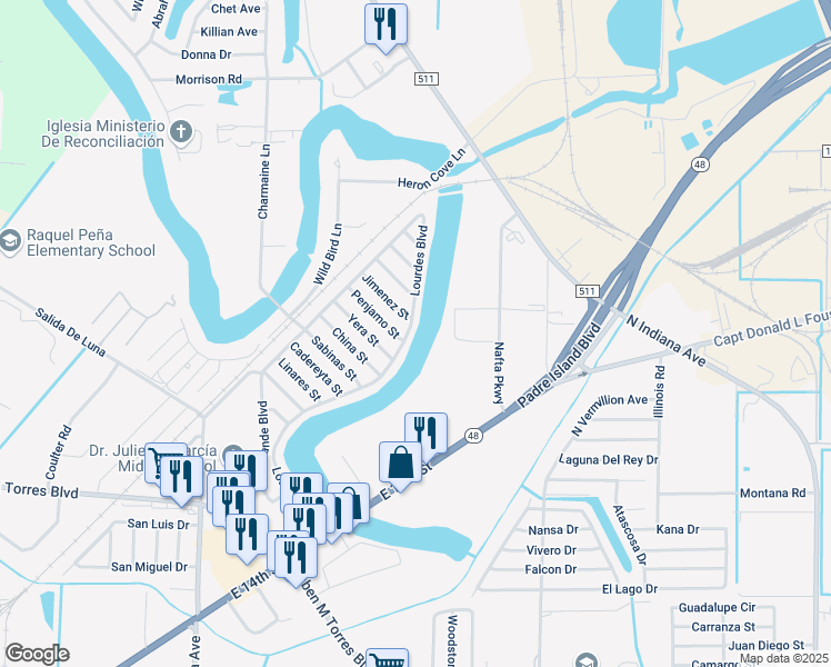 map of restaurants, bars, coffee shops, grocery stores, and more near 5938 Lourdes Boulevard in Brownsville