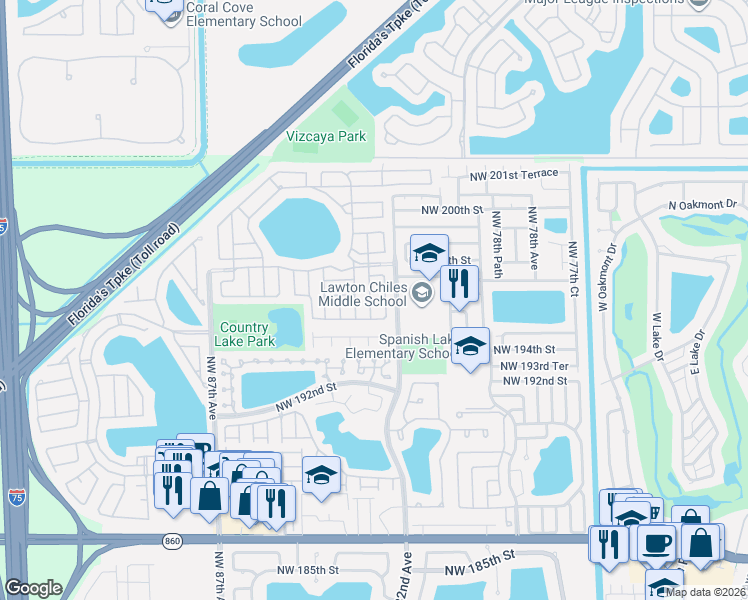 map of restaurants, bars, coffee shops, grocery stores, and more near 19613 Northwest 82nd Place in Hialeah