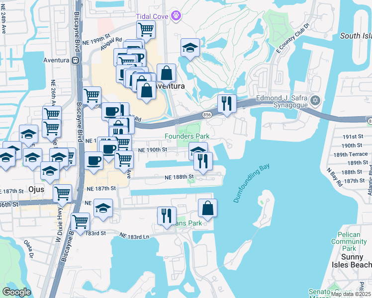 map of restaurants, bars, coffee shops, grocery stores, and more near 3200 Northeast 190th Street in Aventura