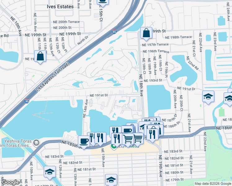 map of restaurants, bars, coffee shops, grocery stores, and more near 1601 Northeast 191st Street in North Miami Beach
