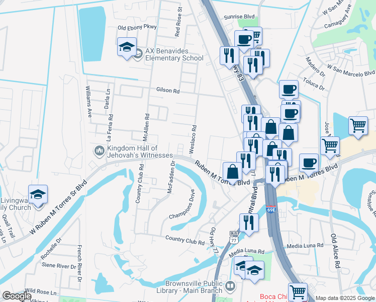 map of restaurants, bars, coffee shops, grocery stores, and more near 493 Farm to Market Road 802 in Brownsville