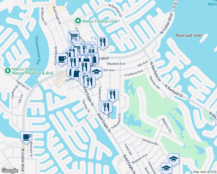 map of restaurants, bars, coffee shops, grocery stores, and more near 302 Marco Lake Drive in Marco Island