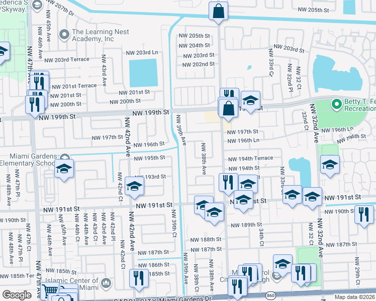 map of restaurants, bars, coffee shops, grocery stores, and more near 19525 Northwest 39th Avenue in Miami Gardens