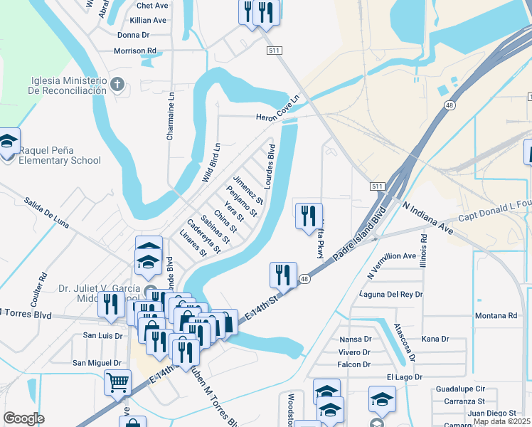 map of restaurants, bars, coffee shops, grocery stores, and more near 5938 Lourdes Boulevard in Brownsville